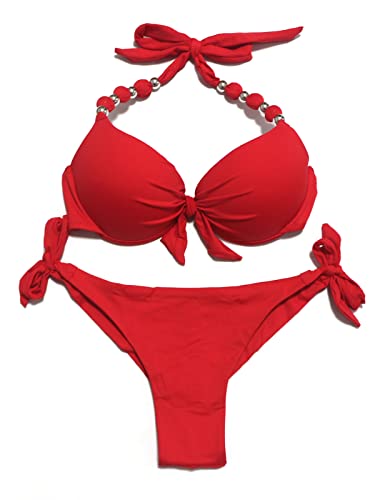 EONAR Damen Bademode Push up Bikini-Oberteil mit Bügel Niedriger Bund Bikinihosen Seitlich zu binden Brasilianischer Slip Bikini Set, (Größe:34-36)70B/75A/75B, Rot von EONAR