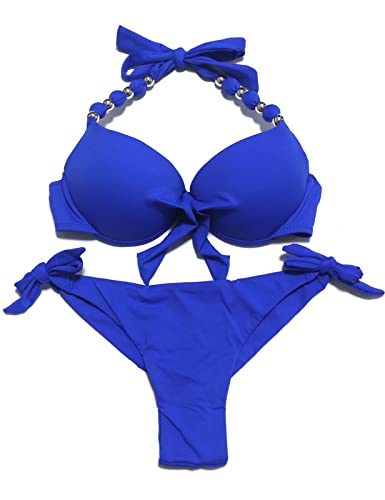 EONAR Damen Bademode Push up Bikini-Oberteil mit Bügel Niedriger Bund Bikinihosen Seitlich zu binden Brasilianischer Slip Bikini Set(L,Blue) von EONAR