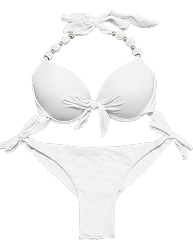 EONAR Damen Bademode Push up Bikini-Oberteil mit Bügel Niedriger Bund Bikinihosen Seitlich zu binden Brasilianischer Slip Bikini Set(L,White) von EONAR