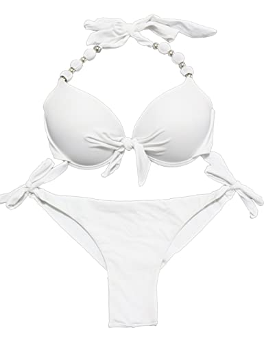 EONAR Damen Bademode Push up Bikini-Oberteil mit Bügel Niedriger Bund Bikinihosen Seitlich zu binden Brasilianischer Slip Bikini Set, (Größe:34-36)70B/75A/75B, Weiß von EONAR