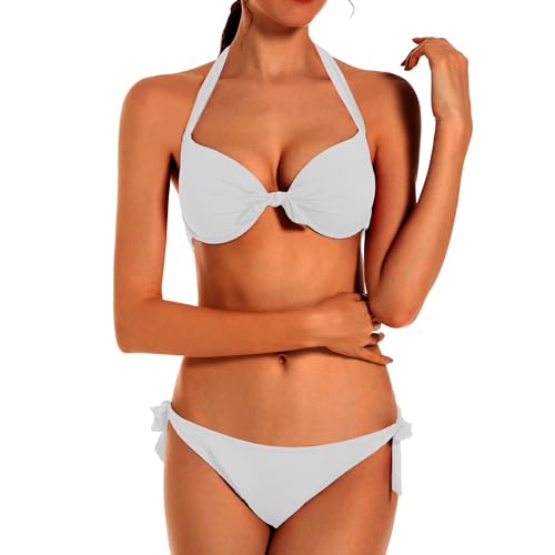EONAR Damen Bikini Set Bademode Nackenträger Push up Bikinioberteil Einstellbar Seitlich Bindungen Zweiteilige Women Swimwear Zweiteilige Swimsuit(M,White) von EONAR