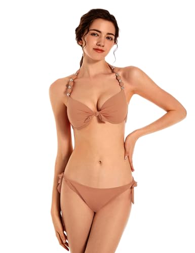 EONAR Damen Bikini Set Push Up Badeanzug Zweiteilige Bademode Neckholder Swimsuit mit Bügel(M,Khaki) von EONAR