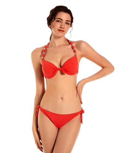EONAR Damen Bikini Set Push Up Badeanzug Zweiteilige Bademode Neckholder Swimsuit mit Bügel(M,Red) von EONAR