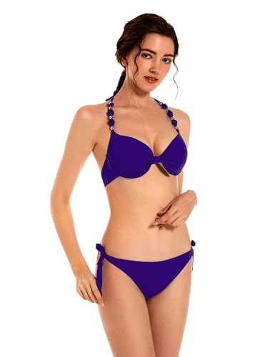 EONAR Damen Bikini Set Push Up Badeanzug Zweiteilige Bademode Neckholder Swimsuit mit Bügel(XL,Dark Blue) von EONAR