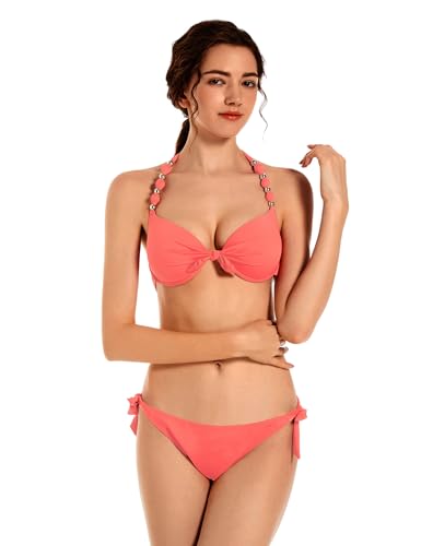 EONAR Damen Bikini Set Push Up Badeanzug Zweiteilige Bademode Neckholder Swimsuit mit Bügel(XXL,Living Coral) von EONAR
