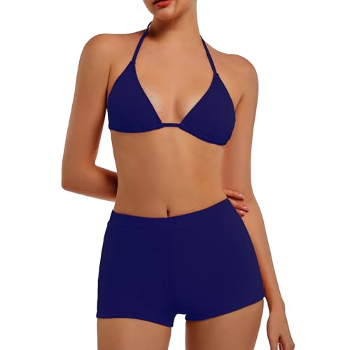 EONAR Damen Bikini Set Triangel Bikini Oberteil Verstellbare mit Hohe Taille Badeshorts Bikinihose Bikini Bademode Zweiteiliger Badeanzug Einfarbig Bikini Set für Frauen(L,Blue) von EONAR