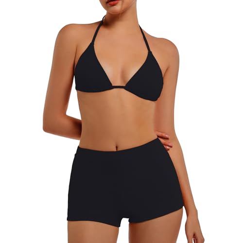 EONAR Damen Bikini Set Triangel Bikini Oberteil Verstellbare mit Hohe Taille Badeshorts Bikinihose Bikini Bademode Zweiteiliger Badeanzug Einfarbig Bikini Set für Frauen(M,Black) von EONAR