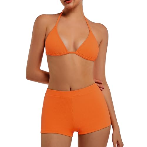 EONAR Damen Bikini Set Triangel Bikini Oberteil Verstellbare mit Hohe Taille Badeshorts Bikinihose Bikini Bademode Zweiteiliger Badeanzug Einfarbig Bikini Set für Frauen(M,Orange) von EONAR