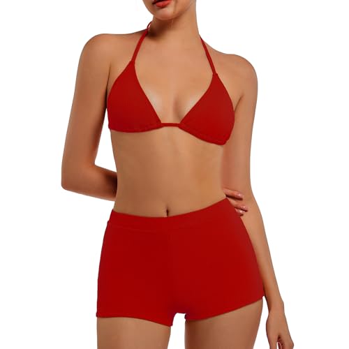 EONAR Damen Bikini Set Triangel Bikini Oberteil Verstellbare mit Hohe Taille Badeshorts Bikinihose Bikini Bademode Zweiteiliger Badeanzug Einfarbig Bikini Set für Frauen(XL,Red) von EONAR
