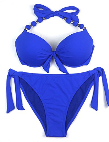 EONAR Damen Seitlich Gebunden Bikini Sets Abnehmbar Bademode Push up Bikinioberteil mit Nackenträger(L,Blue) von EONAR