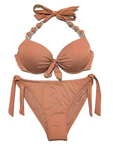 EONAR Damen Seitlich Gebunden Bikini-Sets Abnehmbar Bademode Push-up-Bikinioberteil mit Nackenträger, Khaki, (Größe:38)70C/75C/80B von EONAR