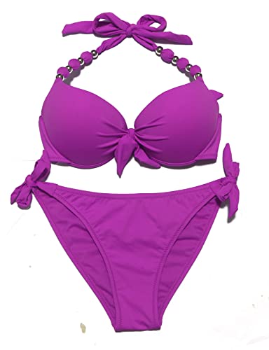 EONAR Damen Seitlich Gebunden Bikini Sets Abnehmbar Bademode Push up Bikinioberteil mit Nackenträger(L,Purple) von EONAR