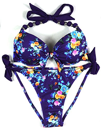 EONAR Damen Seitlich Gebunden Bikini Sets Abnehmbar Bademode Push up Bikinioberteil mit Nackenträger(M,B-Floral) von EONAR