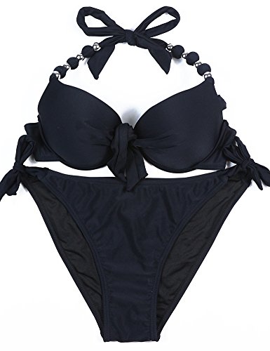 EONAR Damen Seitlich Gebunden Bikini Sets Abnehmbar Bademode Push up Bikinioberteil mit Nackenträger(M,Black) von EONAR