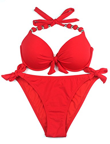 EONAR Damen Seitlich Gebunden Bikini Sets Abnehmbar Bademode Push up Bikinioberteil mit Nackenträger(M,Red) von EONAR