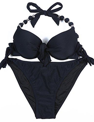 EONAR Damen Seitlich Gebunden Bikini Sets Abnehmbar Bademode Push up Bikinioberteil mit Nackenträger(S,Black) von EONAR