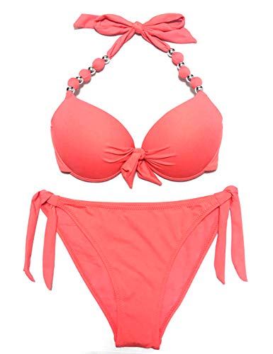 EONAR Damen Seitlich Gebunden Bikini Sets Abnehmbar Bademode Push up Bikinioberteil mit Nackenträger(S,Living Coral) von EONAR