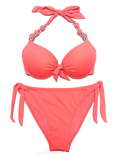EONAR Damen Seitlich Gebunden Bikini-Sets Abnehmbar Bademode Push-up-Bikinioberteil mit Nackenträger, (Größe:40-42)70D/75D/80C/85B, Living Coral von EONAR