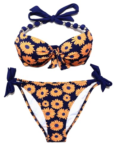 EONAR Damen Seitlich Gebunden Bikini Sets Abnehmbar Bademode Push up Bikinioberteil mit Nackenträger(XXL,JH) von EONAR