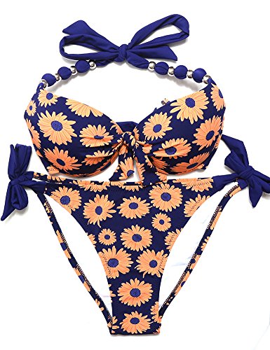 EONAR Damen Seitlich Gebunden Bikini Sets Abnehmbar Bademode Push up Bikinioberteil mit Nackenträger(M,Sunflower) von EONAR