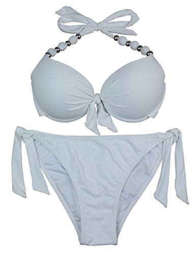 EONAR Damen Seitlich Gebunden Bikini-Sets Abnehmbar Bademode Push-up-Bikinioberteil mit Nackenträger, Weiß, (Größe:40-42)70D/75D/80C/85B von EONAR