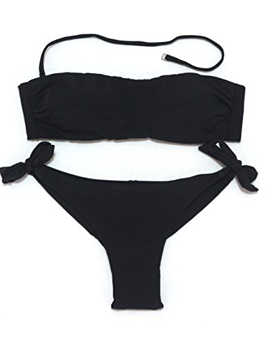 EONAR Damen Seitlich Gebunden Bikini-sets Bandeau Top Niedriger Bund Brazil-Bikinihosen, Schwarz, (Größe:38) 70C/70D/75C/80B von EONAR