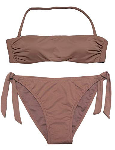 EONAR Damen Zweiteilige Bikini Set Badeanzug Strandkleidung Neckholder Oberteil Bandeau Mit Side Tie Bikini Bottom Sport Abnehmbar Bademode(L,Khaki) von EONAR