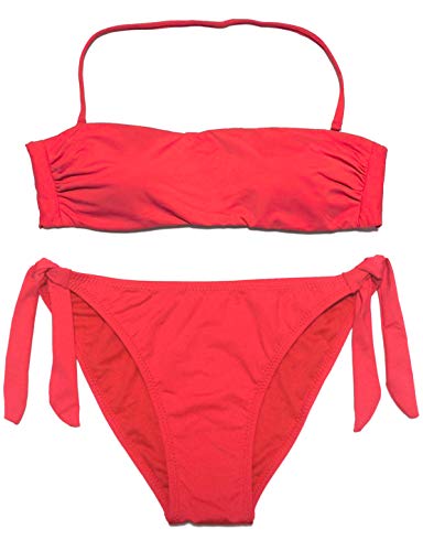 EONAR Damen Zweiteilige Bikini Set Badeanzug Strandkleidung Neckholder Oberteil Bandeau Mit Side Tie Bikini Bottom Sport Abnehmbar Bademode, (Größe:34-36)70B/75A/75B, Rot von EONAR