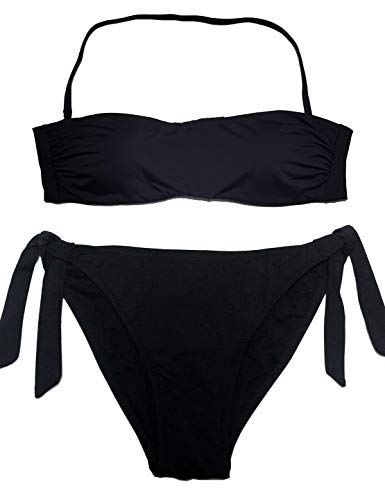 EONAR Damen Zweiteilige Bikini Set Badeanzug Strandkleidung Neckholder Oberteil Bandeau Mit Side Tie Bikini Bottom Sport Abnehmbar Bademode, (Größe:34-36)70B/75A/75B, Schwarz von EONAR