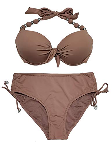 EONAR Damen Zweiteilige Bikini Set Neckholder Badeanzug Push up Bikini Oberteil Mit High Waist Bikini Bottom Sport Abnehmbar Bademode(M,Khaki) von EONAR