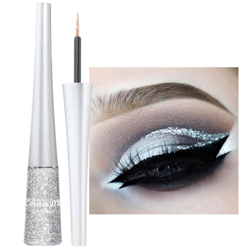 Bunter Glitzer Eyeliner - Silber Flüssiger Schimmer Eyeliner - Wasserfest & Wischfest Metallischer Eyeliner - Hochpigmentierter Silver Kajal Eyeliner - Eyeliner & Body Art für Gesicht & Körper von EONFAVE
