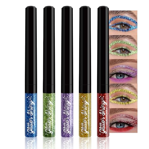 Flüssiger Metallic Eyeliner, 5 Farben Bunte Liquid Glitzer Eyeliner Stift Set, Gold Diamond Augen Make-up, Luminous Shimmer Lidschattenstift Flüssig, Langlebig & Wasserfest Shimmer Sparkling Eyeliner von EONFAVE