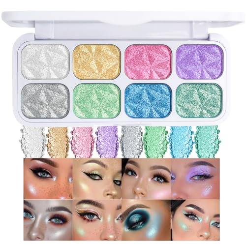 Glitzer Lidschatten Palette - 8 Farben Schimmerndes Eyeshadow Palette - Holografisches Make-Up Palette - Wasserfest & Langanhaltend Glanz Highlighter - Ultra Pigment Augen Make-Up für Party & Alltag von EONFAVE