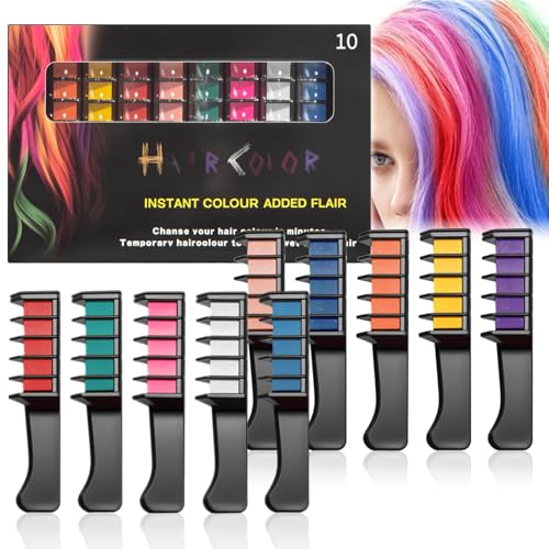 Haarkreide Kamm Set - Temporäre Haarfarbe Geschenke Für Mädchen - Sofortiges Haarfärbemittel, Auswaschbar, Sicher Und Schonend (10 Farben Set, 10 Stück) von EONFAVE