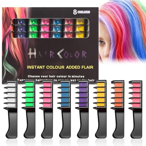 Haarkreide Kamm Set - Temporäre Haarfarbe Geschenke Für Mädchen - Sofortiges Haarfärbemittel, Auswaschbar, Sicher Und Schonend (8 Farben Set, 8 Stück) von EONFAVE