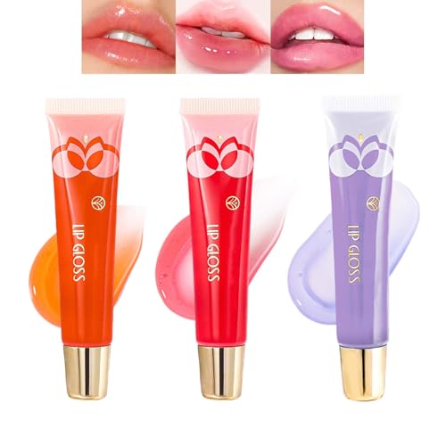 Lip Gloss Set, 3 Farben Glitzernd Glänzend Aufpolsternder Lipgloss, Hydrating Lip Jam, Fruity Moisturizing Lippenöl, Hochglänzender & Glasartiger Lip Oil, Feuchtigkeitsspendender Lippenstift Set von EONFAVE
