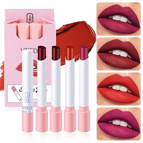 Lippenstift 24 Stunden Halt - 4 Farben Wasserfest Samtmatt Nicht Klebend Lippenstift - Seidenweiche Textur Hochpigmentiert Lipstick Für Frauen & Mädchen Lippen Make Up von EONFAVE