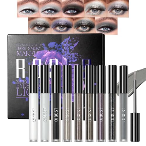 Smokey Glitzer Lidschatten, 9 Farben Flüssiger Lidschatten Set mit Metallic Matte Finish, Schweißfest & Wasserfest Liquid Eyeshadow, Langlebig & Hochpigmentiert Augen Makeup Set, Schwarz Grau Weiß von EONFAVE