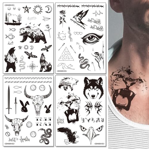 Temporäre Tattoos - 4 Blatt Monochrom Tierprint Temporäre Fake Tattoos - Pflanzliche Tinte Leicht Aufzutragen Und Zu Entfernen Temporary Tattoo Hautkunst Für Männer Frauen von EONFAVE