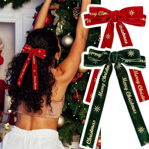 Weihnachten Haarschleife Damen, 2 Stück Grün + Rot Haarspangen, Velvet Satinband Schleife Haare, Französischer Haarschleifen Mädchen, Metall Bogenknoten Clips Hair Accessoires, Haarnadel für Frauen von EONFAVE