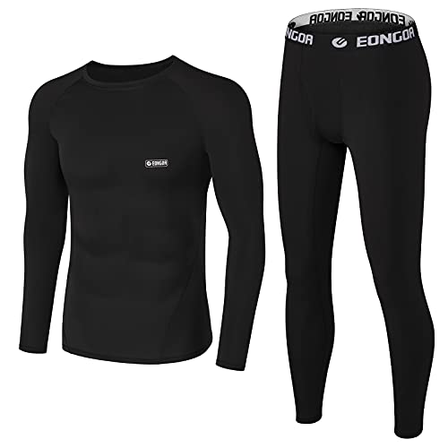 EONGOA Herren Thermounterwäsche Set,Funktionsunterwäsche Suit mit Innenfleece, Flexibel Skiunterwäsche Männer Winter Warme Thermounterhemd Unterwäsche für zu Hause Winter, Schwarz, S von EONGOA