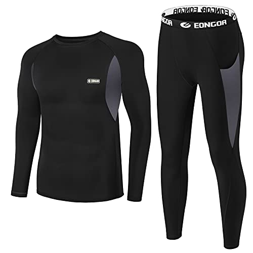 EONGOA Herren Thermounterwäsche Set,Funktionsunterwäsche Suit mit Innenfleece, Flexibel Skiunterwäsche Männer Winter Warme Thermounterhemd Unterwäsche für zu Hause Winter, Schwarz&Grau, XL von EONGOA