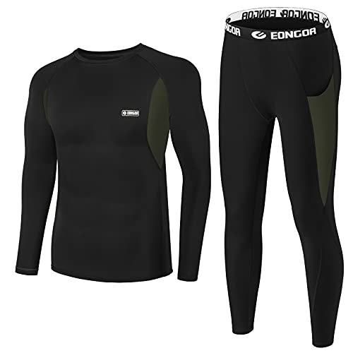 EONGOA Herren Thermounterwäsche Set,Funktionsunterwäsche Suit mit Innenfleece, Flexibel Skiunterwäsche Männer Winter Warme Thermounterhemd Unterwäsche für zu Hause Winter, Schwarz&Grün, L von EONGOA