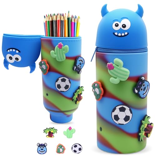 EOPUOZS Kawaii Federmäppchen, 2 in 1 Schlampermäppchen mit Reißverschluss, Ständer up Stifteköcher Einziehbare, Cartoon Tischstifthalter aus Weichem Silikon, für Mädchen (Blaues Monster) von EOPUOZS