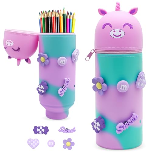 EOPUOZS Kawaii Federmäppchen, 2 in 1 Schlampermäppchen mit Reißverschluss, Ständer up Stifteköcher Einziehbare, Cartoon Tischstifthalter aus Weichem Silikon, für Mädchen (Lila Einhorn) von EOPUOZS