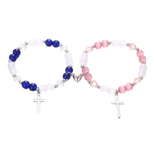 EORPAVU Armbänder für Mädchen, 2 Stück Kreuz-Armband für Paare beste Freundin personalisiertes Perlenarmband Valentinstagsgeschenk (Rosa, Blau) von EORPAVU
