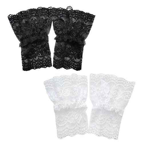 EORPAVU spitzenhandschuhe,Fingerlose Manschetten-Spitzenhandschuhe für Damen, Braut-Spitzenhandschuhe für Hochzeitsfeier, Halloween (2 Paar, Schwarz + Weiß) von EORPAVU
