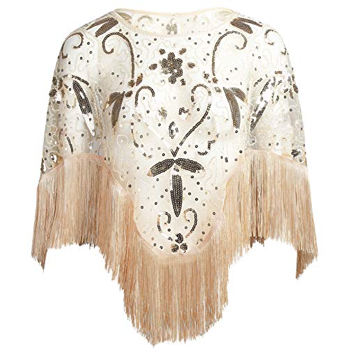 EORUBE 1920s Stola Schal Damen Pailletten Umschlagtücher für Abendkleid Retro Gatsby Party Kostüm Accessoires (Beige Gold) von EORUBE