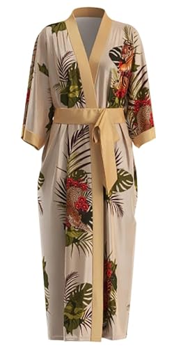 EORUBE Damen Morgenmantel Lange Satin Kimono Robe Blumen Seidiger Bademantel Brautjungfer Morgenmantel (Champagner - Tropischer Dschungel) von EORUBE