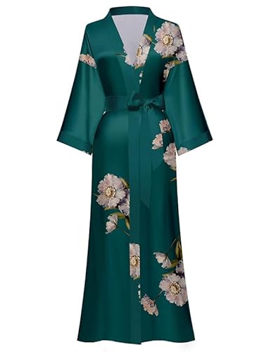 EORUBE Damen Morgenmantel Lange Satin Kimono Robe Blumen Seidiger Bademantel Brautjungfer Morgenmantel (Dunkelgrün – Brise in der Dämmerung) von EORUBE